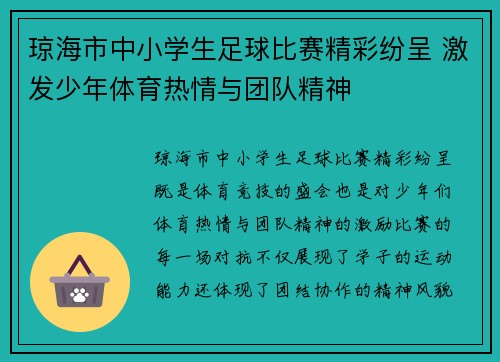 琼海市中小学生足球比赛精彩纷呈 激发少年体育热情与团队精神