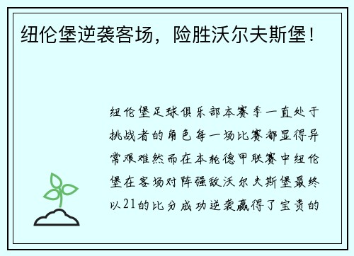 纽伦堡逆袭客场，险胜沃尔夫斯堡！