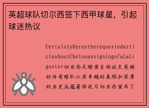 英超球队切尔西签下西甲球星，引起球迷热议