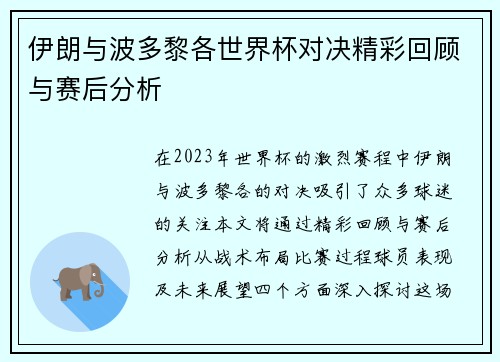 伊朗与波多黎各世界杯对决精彩回顾与赛后分析