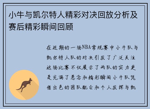 小牛与凯尔特人精彩对决回放分析及赛后精彩瞬间回顾