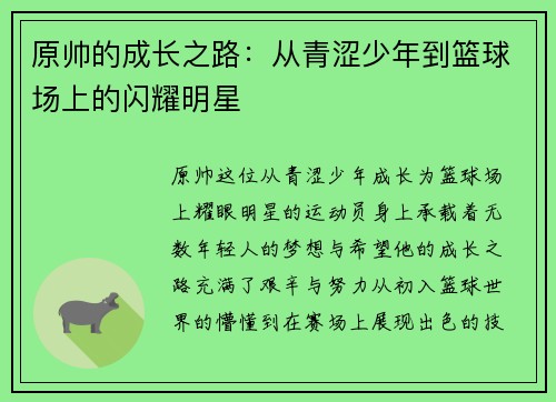 原帅的成长之路：从青涩少年到篮球场上的闪耀明星