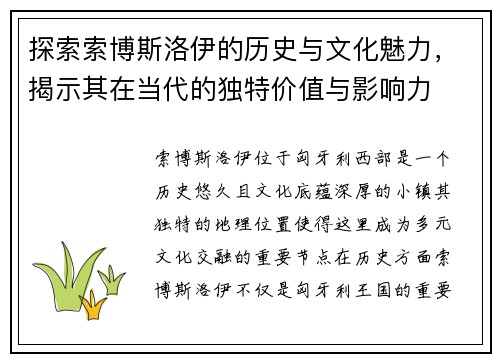 探索索博斯洛伊的历史与文化魅力，揭示其在当代的独特价值与影响力
