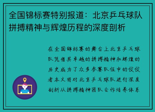 全国锦标赛特别报道：北京乒乓球队拼搏精神与辉煌历程的深度剖析